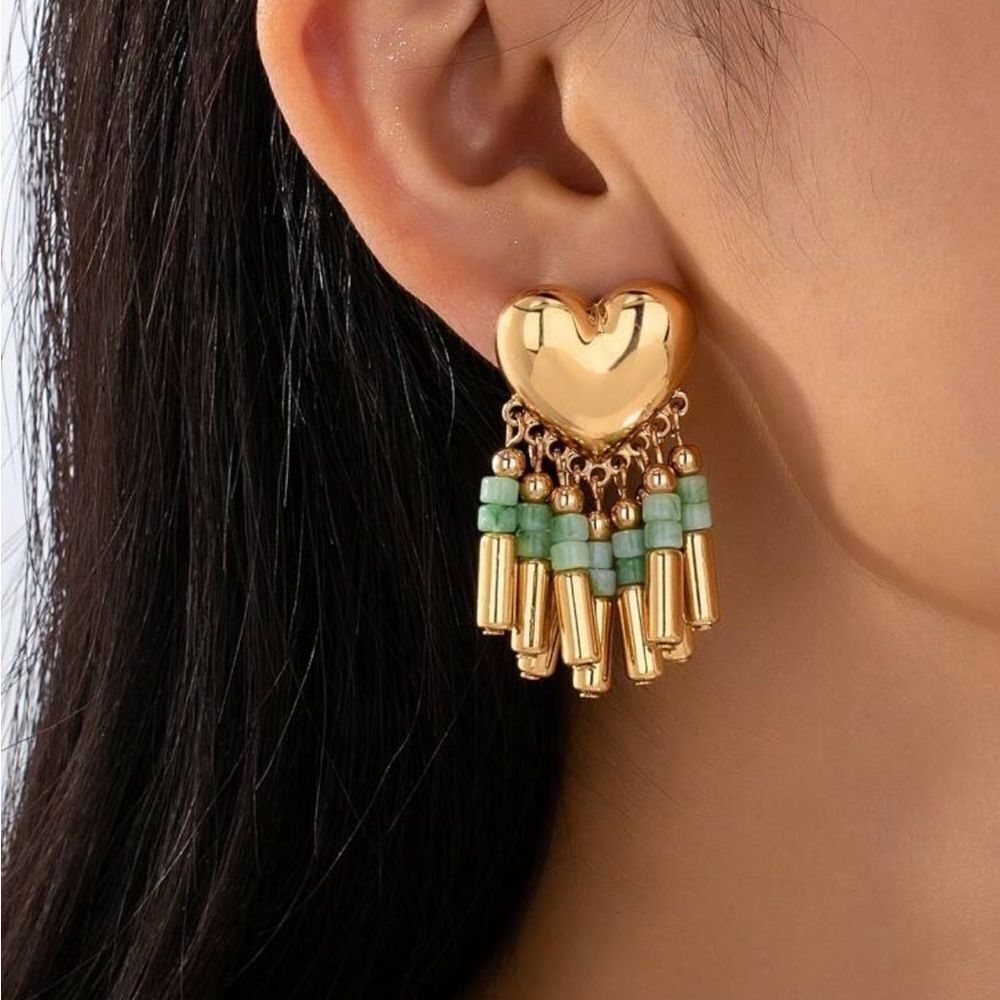 Gold Heart Fringe Drop Earrings with Green Beads - Women Jewelry
